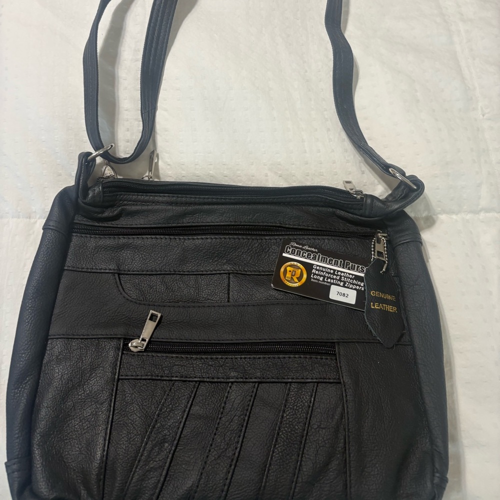 Black Genuine Leather Crossbody Bag—concealed weapon compartment